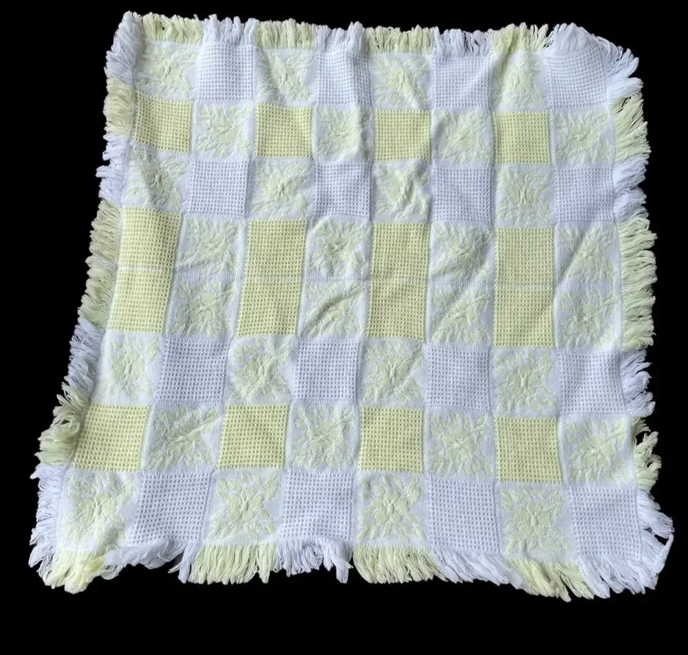 Vintage Waffle Baby Blanket with Fringe Floral Yellow White Square Spain 1980s